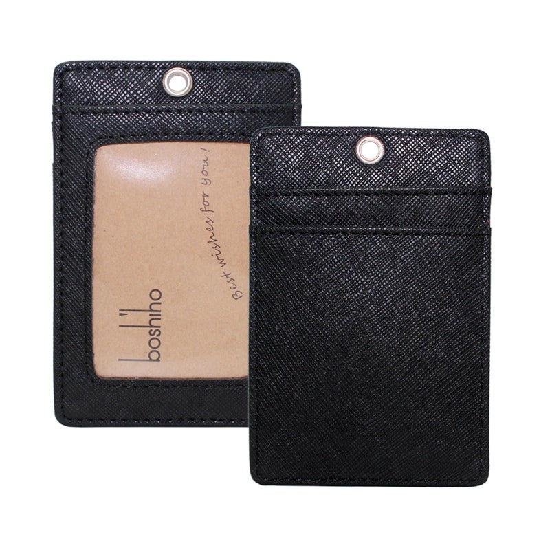 Boshiho Vertical Style Leather ID Card Badge Holder with Heavy Duty Lanyard (Black 2) - Image 5